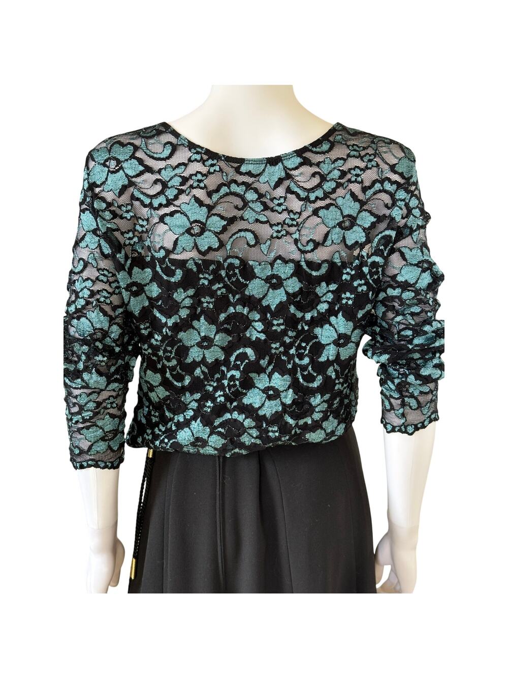Vintage Hot Babe Black & Turquoise Floral Lace Top Made in USA Size Large